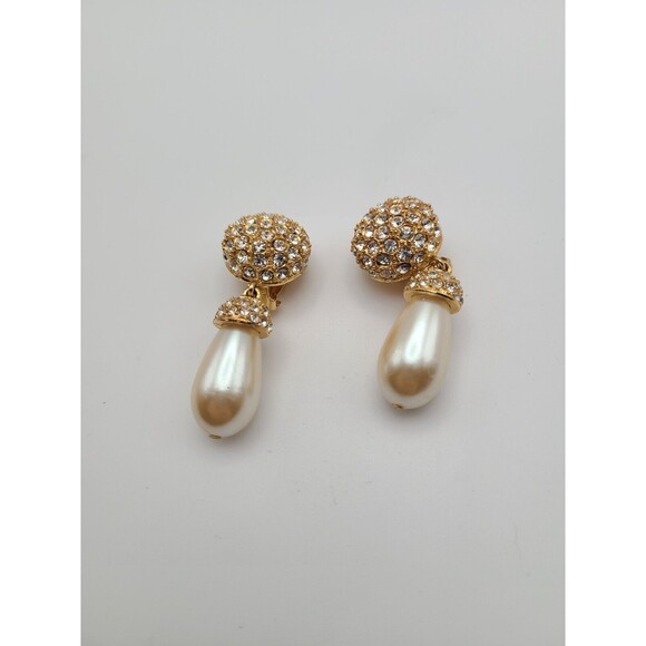 St. John Faux Pearl And Crystal Dangle Earrings, Signed - Picture 1 of 8